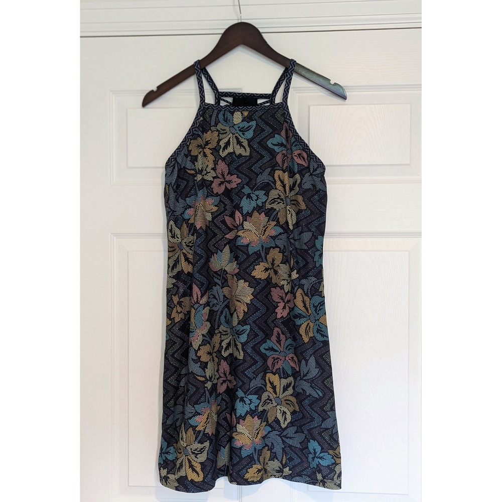 Prana Quinn Dress Blue Yellow Floral Macrame Back Active Travel Mini Dress Small